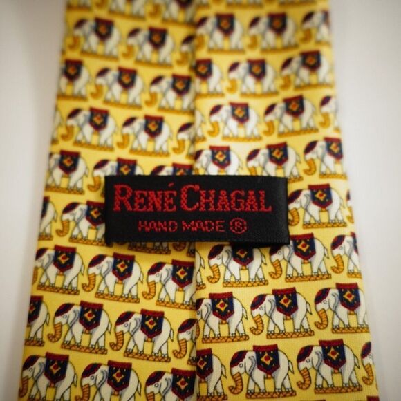 Rene‎ Chagal Handmade Elephant Print Yelow Wide Silk Tie - Picture 3 of 5